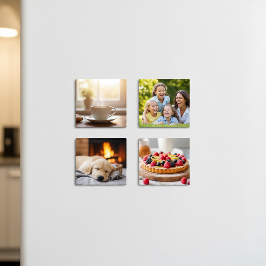 Multiple thin flat wrap-around photo magnets displayed on a white refrigerator door