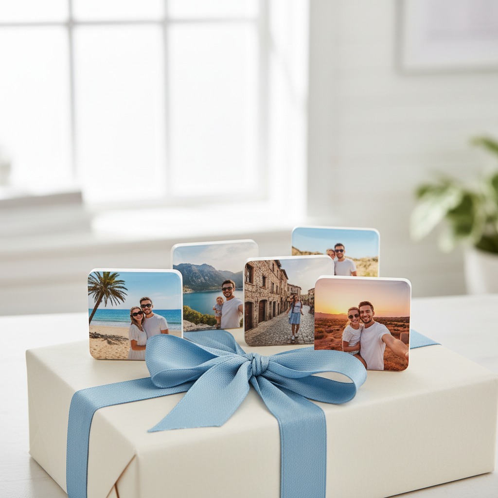 Custom photo magnets showing vacation moments presented as a gift on a wrapped gift box