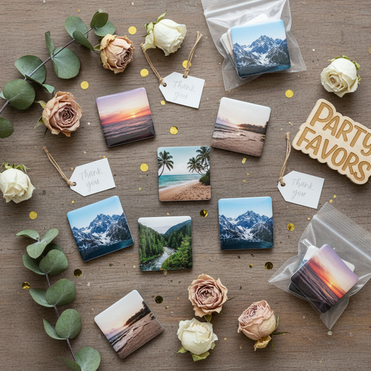 Custom photo magnets with scenic landscape photos arranged as party favors on a rustic wooden table with flowers